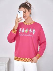 SHEIN EZwear 卡通和字母圖案拼接邊落肩袖運動衫 - 玫瑰紅 - 查看 4