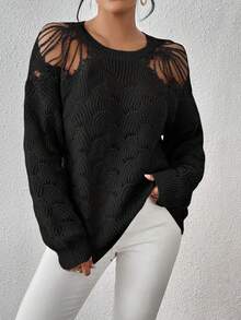 SHEIN LUNE Cắt ra Thả vai Dệt kim chấm bi Áo len - màu đen - Xem 3