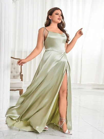 Plus Split Thigh Satin Cami Cocktail Dress