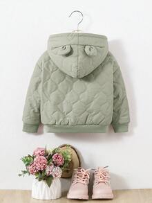 SHEIN 女嬰3D耳朵設計毛絨內襯連帽夾克 - 綠色 - 查看 2
