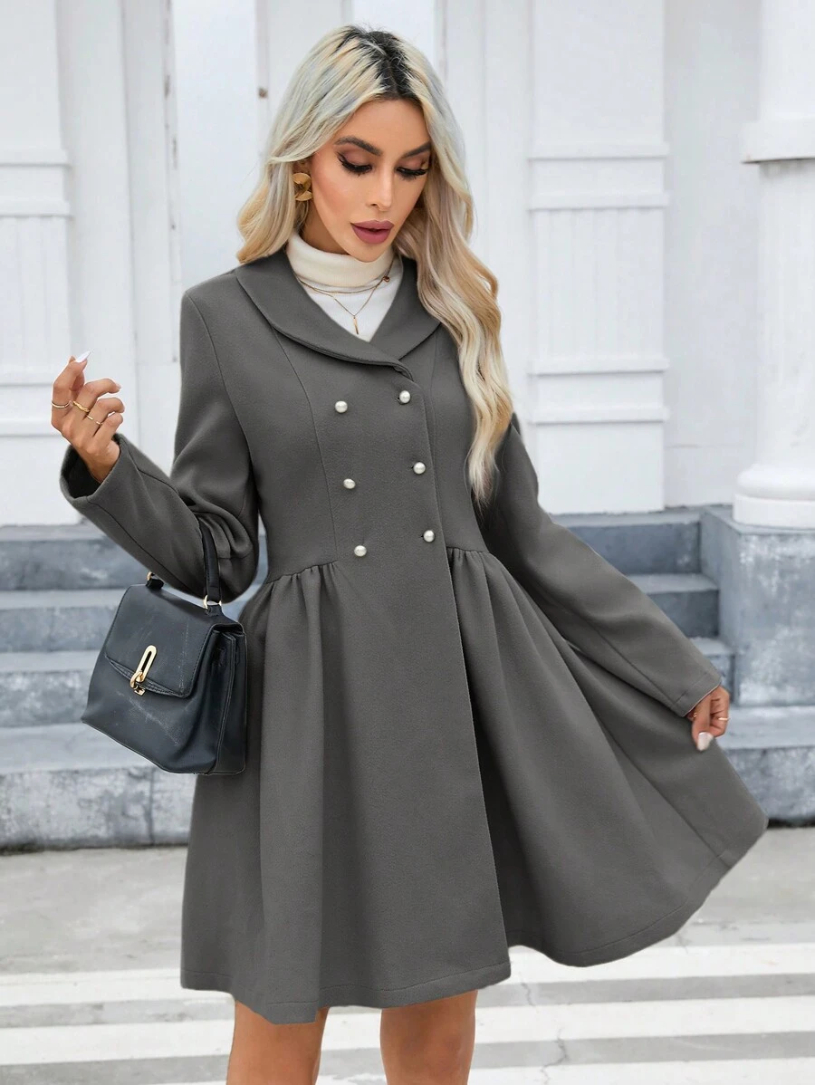 SHEIN Privé 青果領雙排釦花呢外套 - 灰色 - 查看 1