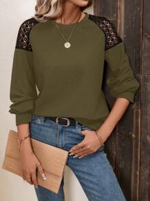 SHEIN LUNE Ren tương phản Tay Raglan Áo nỉ - xanh quân đội - Xem 4
