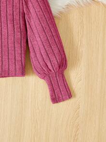 SHEIN Tween Girl Knitted Solid Color Mock Neck Fitted T-Shirt With Lantern Sleeve - Hot Pink - View 3