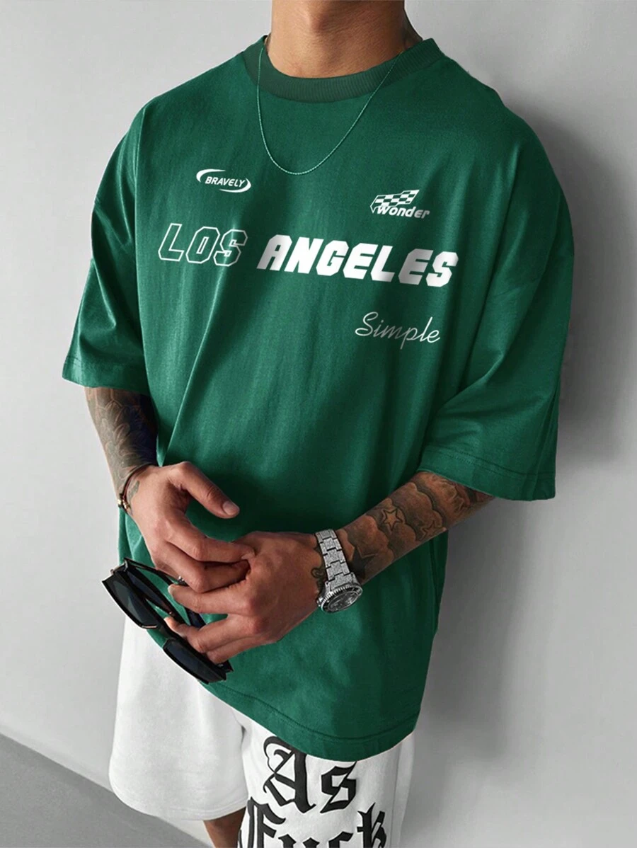 Manfinity Hypemode 男士標語圖案落肩T恤 - 綠色 - 查看 1