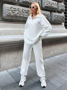 EURMUSE Letter Print Zipper Half-Placket Drop Shoulder Hoodie And Sweatpants - White - View 6