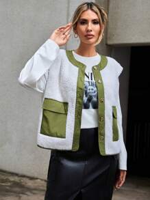 SHEIN Essnce 翻蓋口袋前紐扣絨毛夾克背心 - 白色 - 查看 5