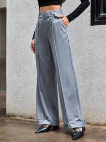 SHEIN Essnce Pantaloni suit vita alta cintura con fibbia gamba ampia - Grigio - Visualizzare 4