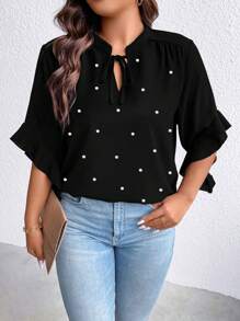 Rometta Plus Pearls Beaded Tie Neck Flounce Sleeve Blouse - Black - View 5
