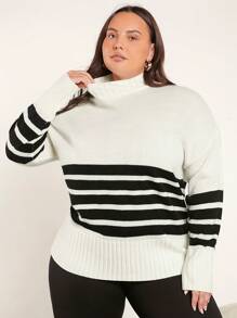 SHEIN BASICS 大碼條紋拼接圖案小高領落肩袖套頭毛衣 - 黑與白 - 查看 3
