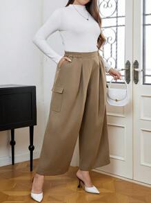 Calvaya Plus Plicated Detail Wide Leg Pants - Khaki - View 3