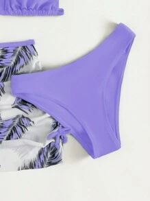 Teen Girl Bikini Set With Tropical Print Beach Skirt Summer Beach - Purple - View 4