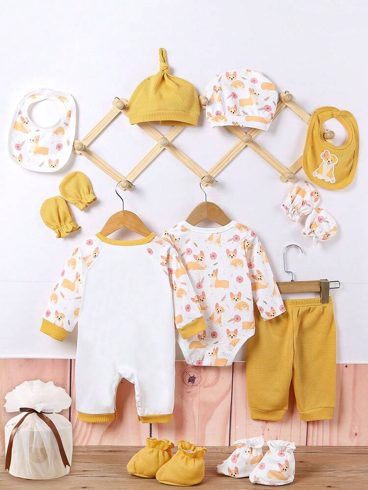 Baby Girl 1pc Cartoon Graphic Bodysuit & 1pc Jumpsuit & 1pc Pants & 2pcs Hat & 1pair Socks & 1pc Bib