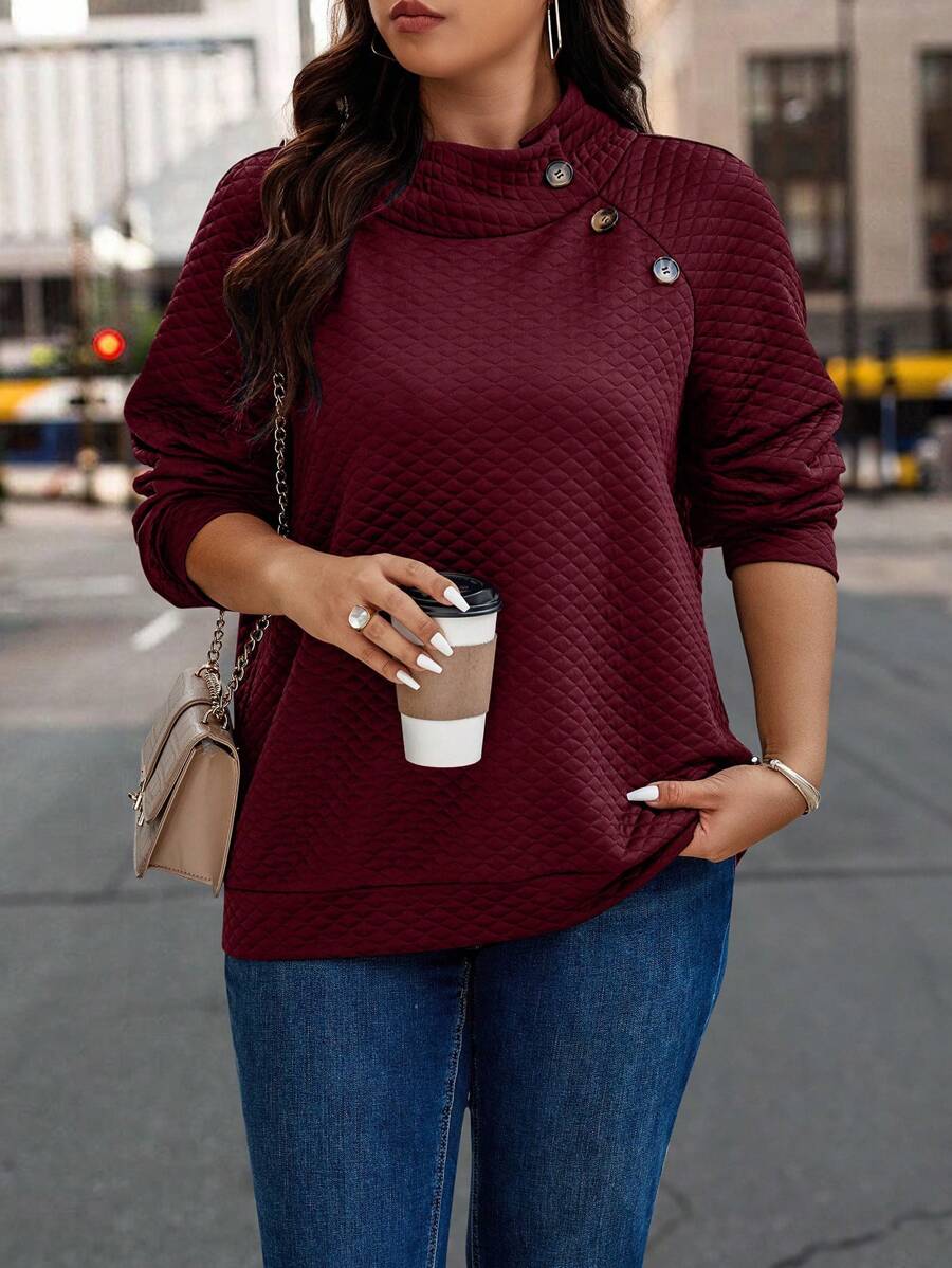 Calvaya 大碼紐扣細節插肩袖運動衫 - 酒紅色 - 查看 1