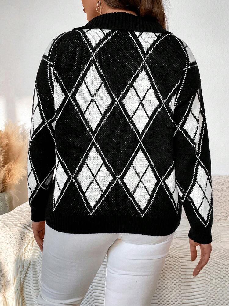 Plus Argyle Pattern Drop Shoulder Sweater Knit Pullover Fall Winter Sweater