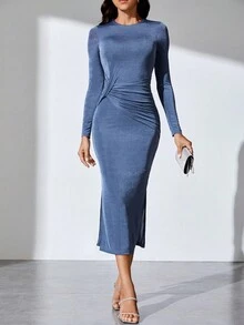 SHEIN Tall Solid Split Thigh Bodycon Dress - Blue - View 5