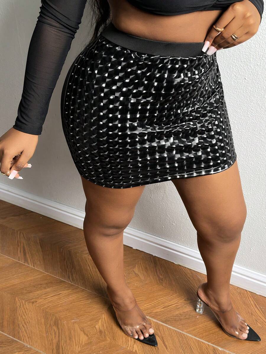 Slaydiva Plus High Waist Sequin Bodycon Skirt - Black - View 1