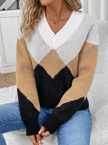 SHEIN LUNE Suéter de punto con hombros caídos y bloques de color para otoño e invierno - Multicolor - Ver 4