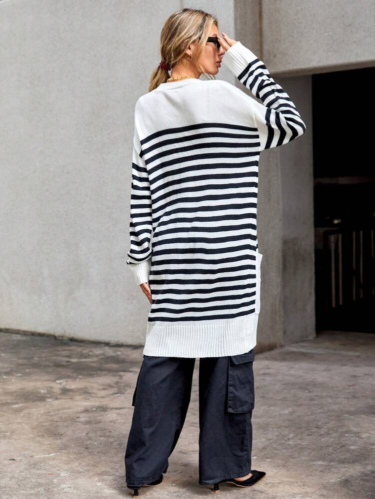 Striped Pattern Dual Pocket Drop Shoulder Cardigan
