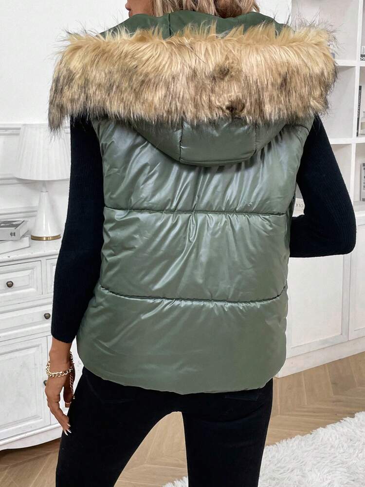 Ladies' Solid Color Zipper Closure Short Padded Vest Jacket Winter Green Casual Christmas