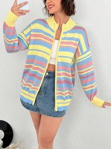 SHEIN EZwear 大碼條紋圖案落肩袖開襟衫 - 彩色 - 查看 4