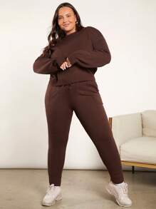 SHEIN BASICS Talla grande Jersey de hombros caídos & Pantalones de cintura con cordón tejido - Café integral - Ver 3
