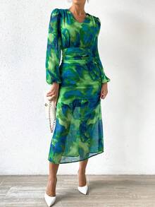 SHEIN Privé 滿版印花燈籠袖抽褶腰洋裝 - 綠色 - 查看 7