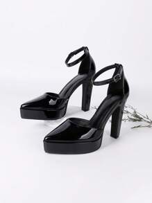 Fall/Winter Women's Pointed Toe Waterproof Platform Shiny Surface Chunky High Heel Pump,Elegant - Black - View 2