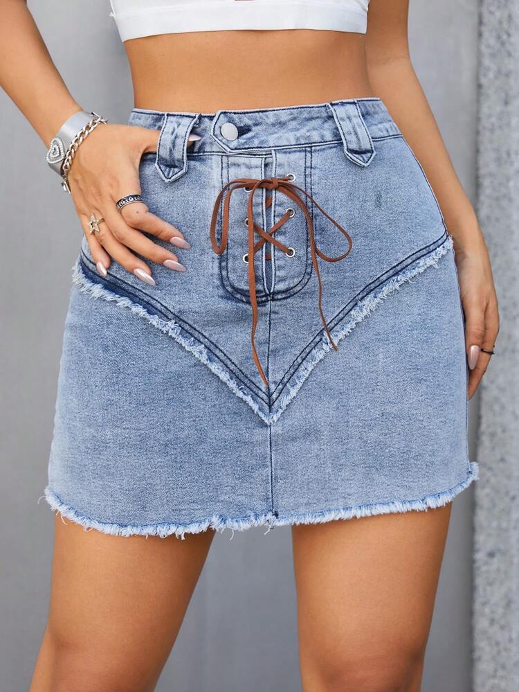 Lace Up Front Raw Trim Denim Skirt
