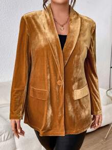 SHEIN Privé Plus Shawl Collar Velvet Blazer - Yellow - View 4