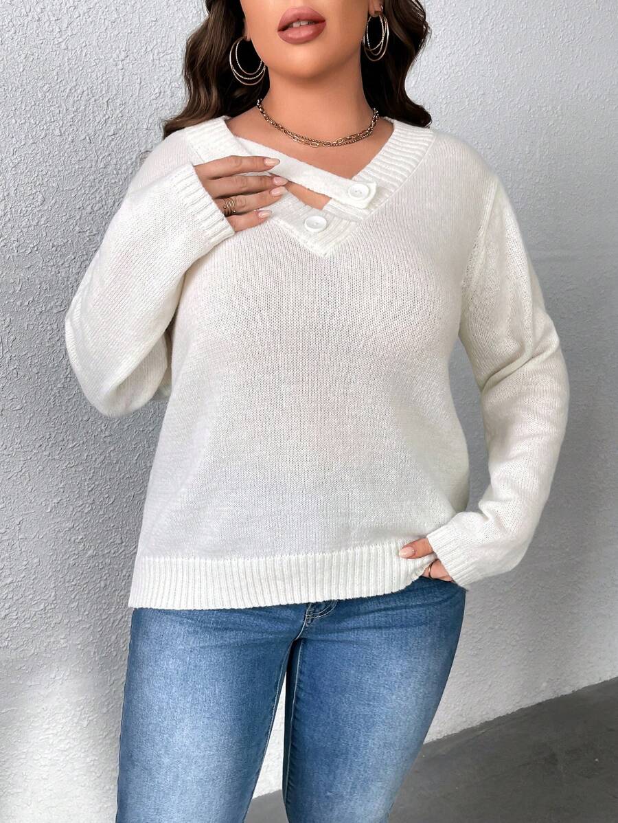 SHEIN Unity 加扣细节V领针织套头衫秋冬毛衣 - 杏色 - 查看 1