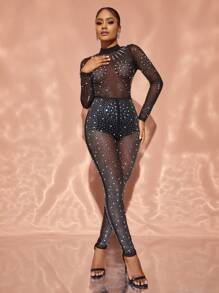 Rhinestone Detail Mesh Party Jumpsuit Without Lingerie - Black - View 6