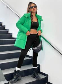 SHEIN EZwear 拉链按扣连帽夹棉大衣 - 綠色 - 查看 4