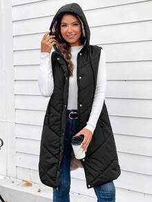 SHEIN LUNE 斜口袋抽绳连帽背心夹棉外套 - 黑色 - 查看 6