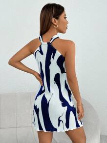 SHEIN PETITE Graphic Print Halter Neck Dress - Blue - View 2