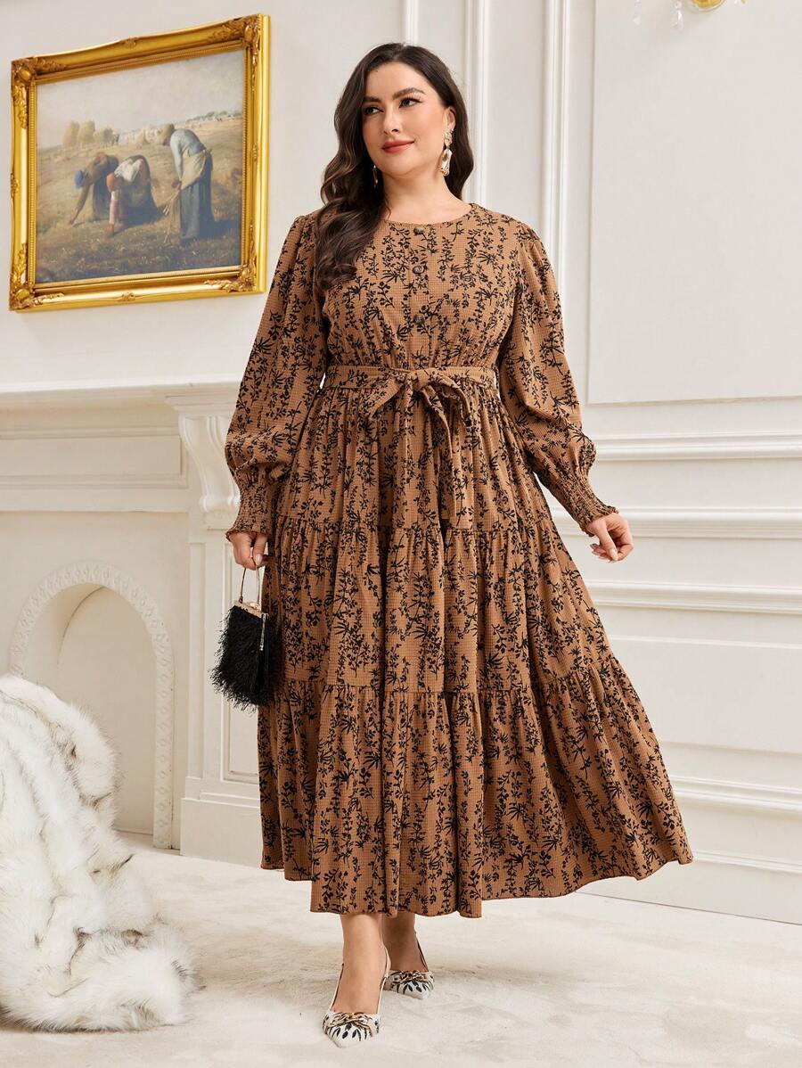 Mulvari Plus Ditsy Floral Print Lantern Sleeve Ruffle Hem Belted Dress - Multicolor - View 1