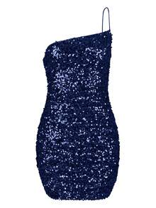 One Shoulder Ruched Sequin Bodycon Dress - Navy Blue - View 8