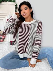 SHEIN Clasi 圣诞条纹图案落肩针织套头衫秋冬毛衣 - 彩色 - 查看 3