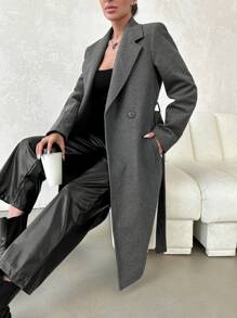 EURMUSE Lapel Neck Double Breasted Belted Overcoat - Grey - View 6