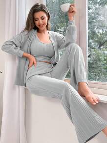 3pcs Solid Ribbed Knit Lounge Set - Light Grey - View 3