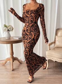 Chiquease Vestido ajustado con estampado de cuello cuadrado bajo sirena - Marrón - Ver 3