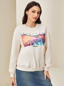 Mulvari 字母圖案落肩袖運動衫 - 杏色 - 查看 2