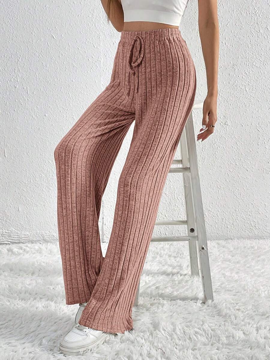 SHEIN Tall Pantalones de pierna ancha de cintura con cordón tejido de canalé - Rosa vieja - Ver 1