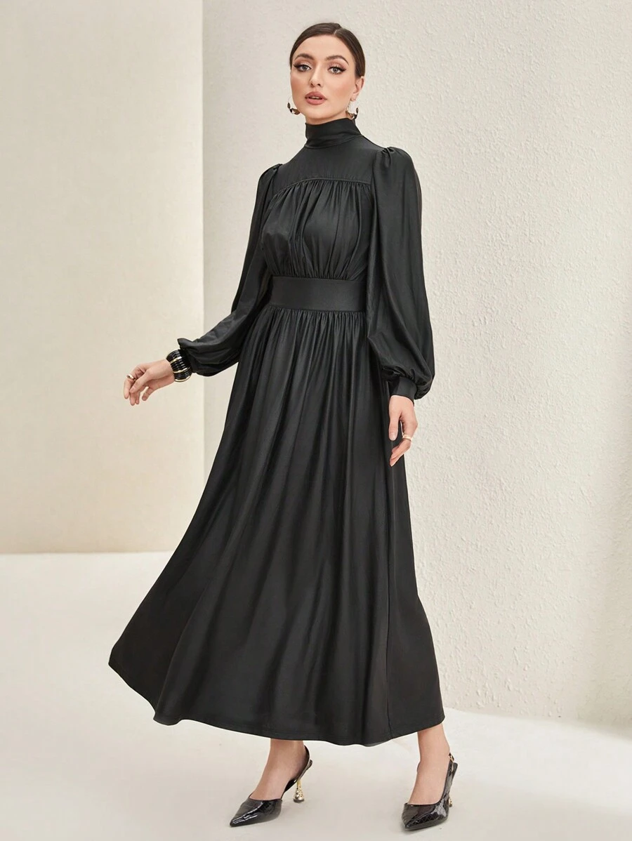 Mulvari Vestido de cuello alto de manga farol pecho con fruncido - Negro - Ver 1