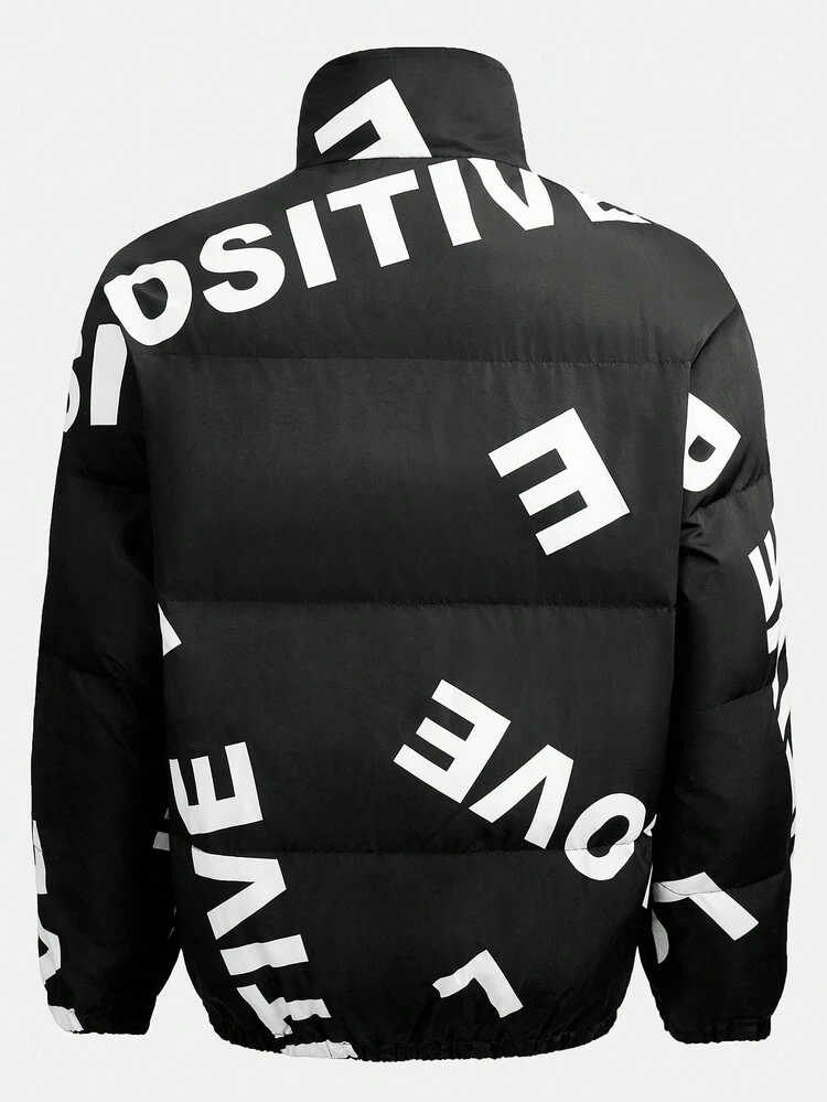 Oversized Men's Letter Print Zip-Up Winter Coat