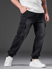 Manfinity Homme 男士大码側翻蓋口袋工裝牛仔褲 - 黑色 - 查看 7