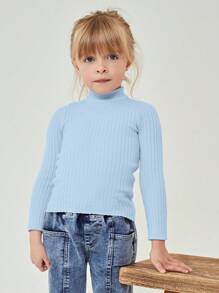 SHEIN Chica Joven Jersey de cuello alto tejido de canalé - Celeste - Ver 1