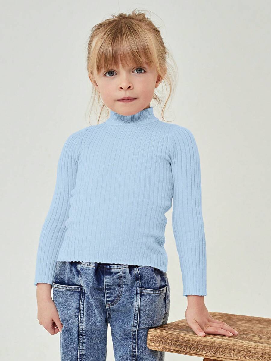 SHEIN Chica Joven Jersey de cuello alto tejido de canalé - Celeste - Ver 1