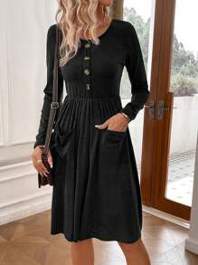 SHEIN LUNE Dual Pocket Button Detail A-line Dress - Black - View 4