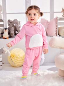 女嬰撞色袋鼠口袋連帽衫和運動褲 - 粉色 - 查看 4