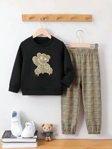 SHEIN Chàng trai trẻ Thêu Họa tiết gấu Áo nỉ & Họa tiết Nanh sói Quần - màu đen - Xem 1